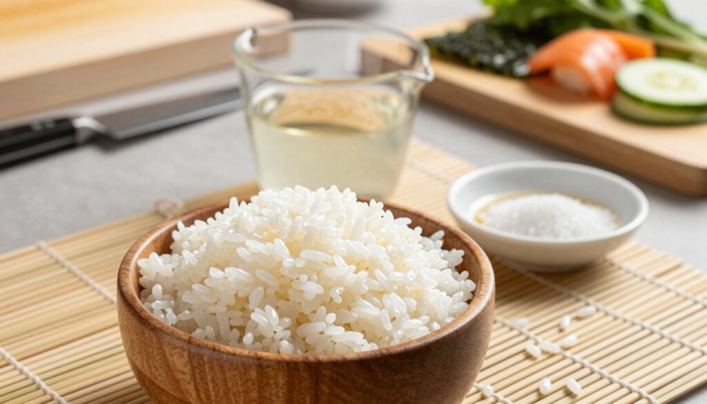 A beautifully presented sushi rice preparation scene, showcasing a wooden bowl filled with glossy, white sushi rice. The foreground contains the rice, glistening and slightly sticky, with a few grains spilling onto a pristine bamboo mat. In the middle, a measuring cup holds some water, and a small dish displays a mixture of rice vinegar, sugar, and salt, reflecting the seasoning process. Behind, an elegant kitchen countertop is subtly blurred, highlighting a sharp sushi knife and fresh ingredients like nori and sliced vegetables. The lighting is soft and natural, casting gentle shadows to evoke a calm atmosphere. The angle is slightly tilted for a dynamic effect, emphasizing the artistry of sushi making.