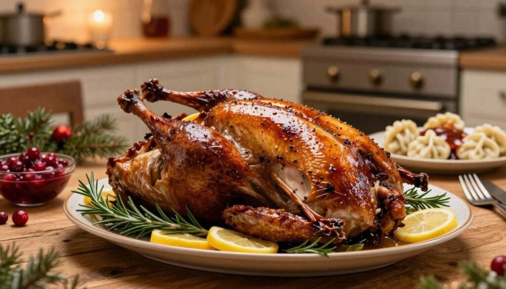 A beautifully roasted goose, glistening with a rich, golden-brown glaze, sits prominently in the foreground. The goose is adorned with aromatic herbs and citrus garnishes, with sprigs of rosemary and lemon slices elegantly placed around it. In the middle ground, a rustic wooden table is set with festive decorations—cranberry sauce, fluffy dumplings, and a rich gravy, creating a warm holiday feast atmosphere. The background features a softly lit kitchen with warm, ambient lighting, evoking a cozy, inviting feeling. The entire scene is captured from a slightly elevated angle, emphasizing the delicious details of the dish while creating a sense of celebration and tradition. The mood is festive and comforting, ideal for highlighting a special culinary experience.