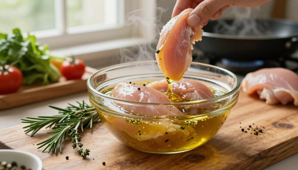 A beautifully styled kitchen scene featuring a glass bowl of marinade for chicken fillets in the foreground, with vibrant herbs like rosemary and thyme scattered around. The marinade, a rich blend of olive oil and spices, glistens in the soft, natural lighting from a window, creating a warm and inviting atmosphere. In the middle, there are chicken fillets being dipped into the marinade, showcasing the process of marination. The background includes a rustic wooden countertop and some fresh vegetables, enhancing the culinary theme. A hint of steam can be seen rising from a nearby pan, suggesting a cozy cooking environment. The overall mood is appetizing and inspiring, perfect for illustrating the key principles of marinating meat. A beautifully styled kitchen scene featuring a glass bowl of marinade for chicken fillets in the foreground, with vibrant herbs like rosemary and thyme scattered around. The marinade, a rich blend of olive oil and spices, glistens in the soft, natural lighting from a window, creating a warm and inviting atmosphere. In the middle, there are chicken fillets being dipped into the marinade, showcasing the process of marination. The background includes a rustic wooden countertop and some fresh vegetables, enhancing the culinary theme. A hint of steam can be seen rising from a nearby pan, suggesting a cozy cooking environment. The overall mood is appetizing and inspiring, perfect for illustrating the key principles of marinating meat.