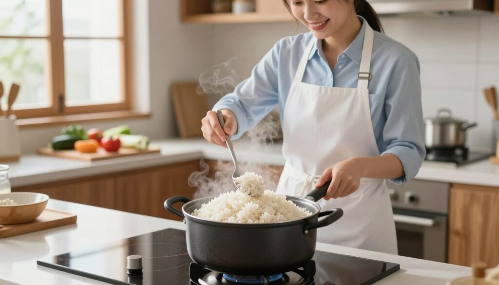 A beautifully styled kitchen scene showcasing the professional art of cooking rice. In the foreground, a pot filled with fluffy, perfectly cooked rice sits on a modern stovetop, steam gently rising from it. In the middle, a skilled cook with neatly tied hair, dressed in a white apron and a light blue shirt, is holding a stirring spoon, smiling as they check the texture of the rice. The background features a well-organized kitchen with wooden cabinets, pots, and colorful vegetables on a cutting board. Soft, natural lighting filters in through a window, creating a warm and inviting atmosphere that emphasizes professionalism and culinary skill. The overall mood is serene and focused, captured from a slightly elevated angle to highlight the rice dish and the chef.