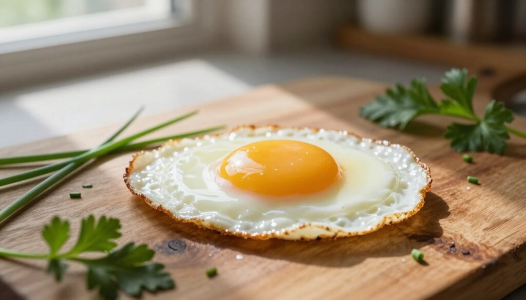 A beautifully styled sunny-side-up egg placed on a rustic wooden table. The egg has a perfectly cooked white with just a hint of golden translucence in the yolk, indicating it's still runny. Surrounding the egg are scattered fresh herbs like chives and parsley, adding a pop of green. Soft morning light filters through a nearby window, casting gentle shadows and highlighting the textures of the egg and wood. The composition is shot from a slightly elevated angle to focus on the egg's glossy surface, while the background remains softly blurred, creating a warm, inviting kitchen atmosphere. The overall mood is cozy and appetizing, inviting the viewer to contemplate the technique of cooking the perfect fried egg. A beautifully styled sunny-side-up egg placed on a rustic wooden table. The egg has a perfectly cooked white with just a hint of golden translucence in the yolk, indicating it's still runny. Surrounding the egg are scattered fresh herbs like chives and parsley, adding a pop of green. Soft morning light filters through a nearby window, casting gentle shadows and highlighting the textures of the egg and wood. The composition is shot from a slightly elevated angle to focus on the egg's glossy surface, while the background remains softly blurred, creating a warm, inviting kitchen atmosphere. The overall mood is cozy and appetizing, inviting the viewer to contemplate the technique of cooking the perfect fried egg.
