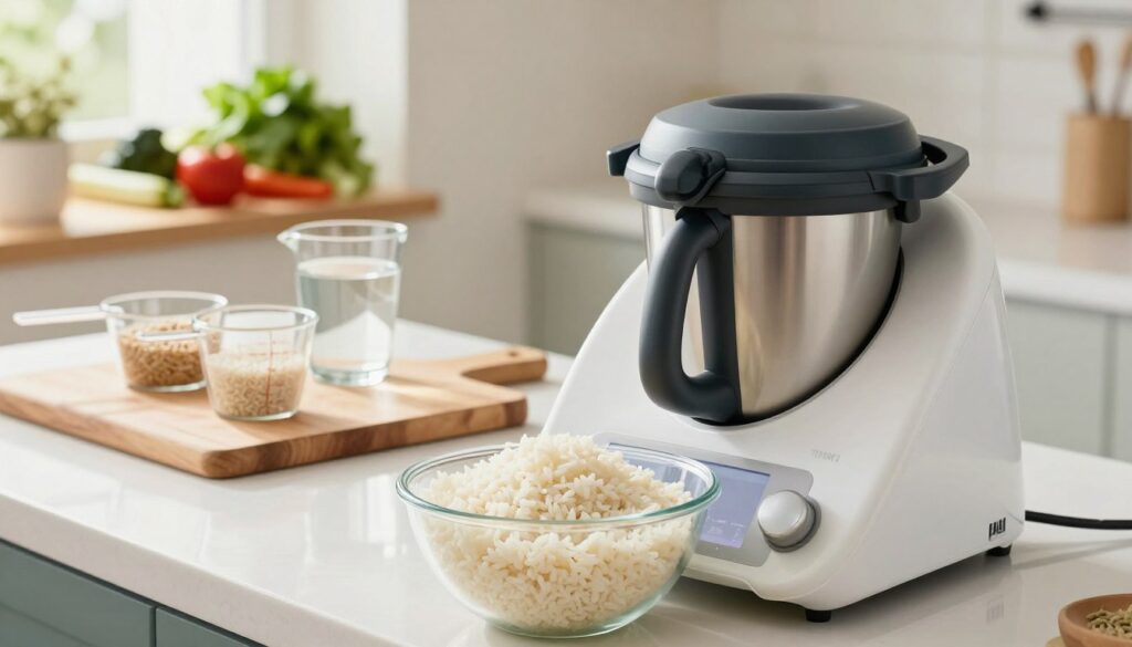 A bright, inviting kitchen scene showcasing a Thermomix in action. In the foreground, a sleek, modern Thermomix is prominently displayed on a clean countertop, with a clear bowl of fluffy, perfectly cooked rice beside it. The middle ground features a wooden cutting board with measuring cups filled with rice grains and water, depicting the initial preparation steps. In the background, soft natural light streams through a window, illuminating fresh herbs and vegetables on the shelf, enhancing a warm and homely atmosphere. The camera angle is slightly elevated, focusing on the Thermomix and the prepared rice, creating an inviting and instructional feel. The overall mood is fresh, clean, and organized, perfect for illustrating the cooking process.