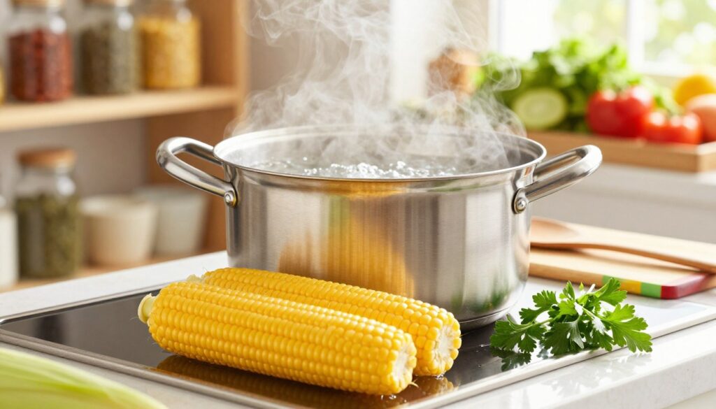 A bright kitchen setting featuring a large pot filled with boiling water, steam rising gently from the surface. In the foreground, a pair of fresh corn cobs, golden and glistening, are leaning against the pot, showcasing their natural sweetness. The middle layer includes kitchen tools like a wooden spoon and a colorful cutting board with some freshly chopped herbs beside the pot. The background is softly blurred, revealing shelves filled with spices and colorful vegetables, with warm sunlight filtering through a window. The atmosphere is inviting and cozy, emphasizing a wholesome cooking experience. The lighting is bright and natural, highlighting the vibrant colors of the corn and the freshness of the ingredients.