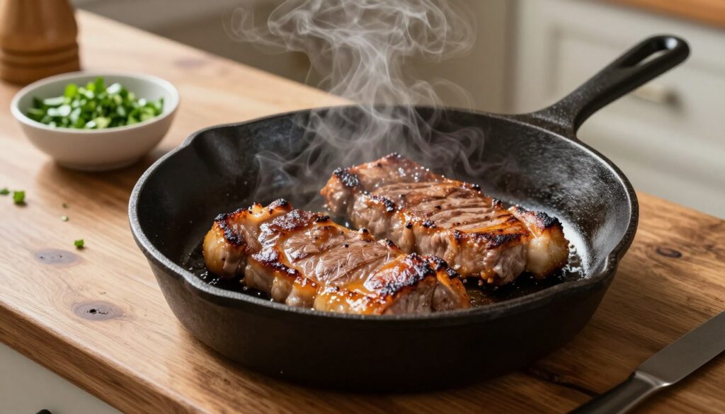 A cast iron frying pan, polished and gleaming, sits on a rustic wooden countertop, filled with sizzling, golden-brown pork neck steaks, exuding juice and tenderness. The foreground captures the pan's detailed surface, showcasing its textured finish and the steamy aroma filling the air. In the middle ground, a small bowl of freshly chopped herbs adds a vibrant splash of green, hinting at flavor enhancement. The background features a warm kitchen setting with soft, diffused lighting illuminating the scene, creating a cozy and inviting atmosphere. The angle is slightly top-down to emphasize the frying pan and its contents while allowing the other elements to enhance the composition without distraction. The mood is warm and appetizing, perfect for illustrating culinary techniques. A cast iron frying pan, polished and gleaming, sits on a rustic wooden countertop, filled with sizzling, golden-brown pork neck steaks, exuding juice and tenderness. The foreground captures the pan's detailed surface, showcasing its textured finish and the steamy aroma filling the air. In the middle ground, a small bowl of freshly chopped herbs adds a vibrant splash of green, hinting at flavor enhancement. The background features a warm kitchen setting with soft, diffused lighting illuminating the scene, creating a cozy and inviting atmosphere. The angle is slightly top-down to emphasize the frying pan and its contents while allowing the other elements to enhance the composition without distraction. The mood is warm and appetizing, perfect for illustrating culinary techniques.