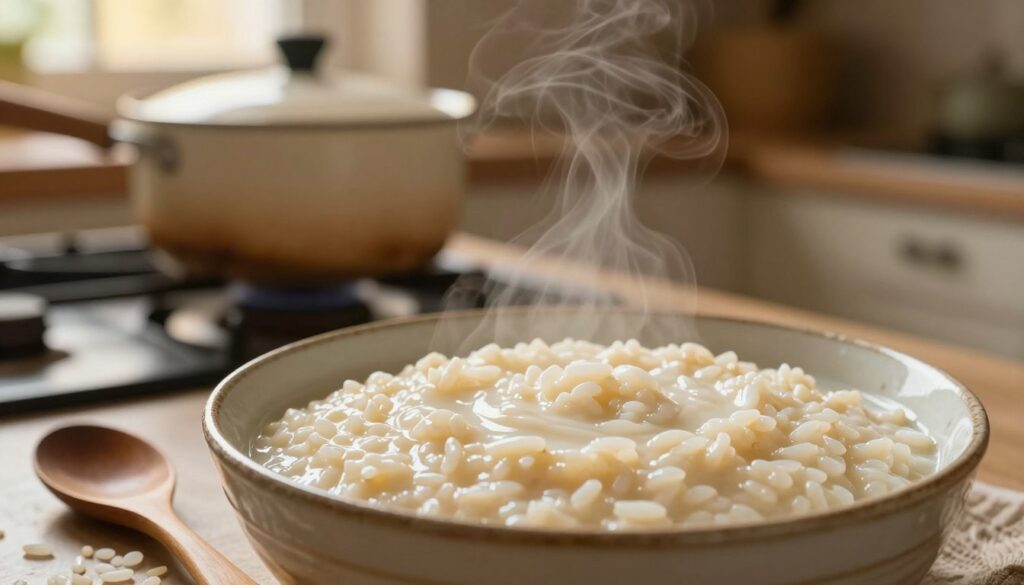 A close-up image of a creamy rice pudding (ryż na mleku) in a rustic ceramic bowl, beautifully textured with a glossy sheen on the surface. The foreground features a wooden spoon resting beside the bowl, with scattered grains of rice artistically placed around it. In the middle, softly blurred, a steaming pot on the stove hinting at the cooking process, with a gentle swirl of steam rising. The background showcases a warm and inviting kitchen ambiance, with golden light filtering through a window, casting a soft glow over the scene, evoking a sense of comfort and homeliness. The composition captures a serene and cozy atmosphere, emphasizing the art of cooking without burning the pot.