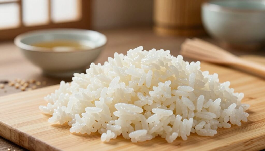 A close-up image of freshly cooked sushi rice prepared for sushi-making, showcasing its sticky and glistening texture. The foreground features a wooden sushi mat, with a heap of perfectly cooked, fluffy white rice, each grain distinct yet cohesively clumped together. In the middle background, a small bowl of rice vinegar and a sprinkle of sesame seeds hint at the seasoning process. Soft, natural light streams in from the left, creating a warm and inviting atmosphere, emphasizing the rice's glossiness. The background is softly blurred, suggesting a home kitchen setting with bamboo and ceramic elements, adding to the authenticity of domestic sushi preparation. The overall mood is serene and appetizing, ideal for illustrating the art of making sushi rice at home.