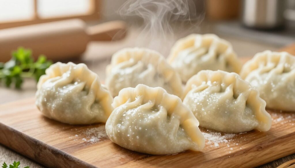 A close-up image of soft, fluffy dumplings glistening with a light sheen of steam, placed delicately on a rustic wooden table. The focus is on their rounded texture, showcasing their pillowy softness and inviting nature. In the background, a soft blur of a kitchen setting can be seen, with warm, natural lighting illuminating the scene, creating a cozy atmosphere. A rolling pin and sprigs of fresh herbs are softly arranged nearby, adding a touch of color and enhancing the culinary context. The angle should be slightly above, capturing the dumplings in detail while still providing a hint of the surroundings, evoking a sense of warmth and homeliness in the process of perfecting this culinary delight.