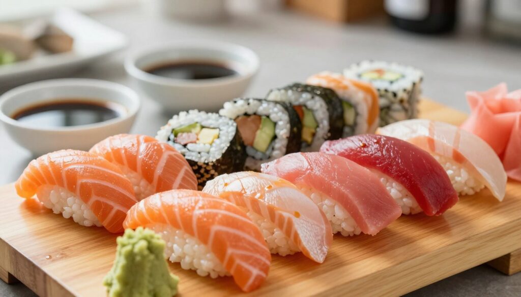A close-up of a beautifully arranged sushi platter featuring a variety of fresh fish, such as salmon, tuna, and mackerel, elegantly displayed on a wooden board. The foreground showcases the glistening, vibrant colors of the fish, garnished with wasabi and pickled ginger. In the middle, delicate rolls of sushi are artfully placed beside small bowls of soy sauce. The background features a serene, soft-focus kitchen setting with natural light streaming in, highlighting the freshness of the ingredients. The mood is wholesome and inviting, emphasizing the health benefits of eating fish. Use a soft focus with a slight depth of field to draw attention to the sushi while keeping the background gentle and calming. A close-up of a beautifully arranged sushi platter featuring a variety of fresh fish, such as salmon, tuna, and mackerel, elegantly displayed on a wooden board. The foreground showcases the glistening, vibrant colors of the fish, garnished with wasabi and pickled ginger. In the middle, delicate rolls of sushi are artfully placed beside small bowls of soy sauce. The background features a serene, soft-focus kitchen setting with natural light streaming in, highlighting the freshness of the ingredients. The mood is wholesome and inviting, emphasizing the health benefits of eating fish. Use a soft focus with a slight depth of field to draw attention to the sushi while keeping the background gentle and calming.
