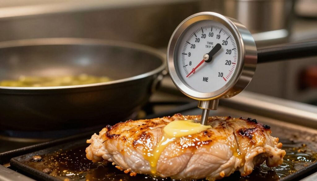 A close-up of a digital meat thermometer displaying the temperature of frying fat, emphasizing accuracy and detail. The thermometer should be inserted into a perfectly cooked chicken fillet, glistening with golden-brown butter. In the background, a professional kitchen scene with stainless steel appliances and a frying pan gently simmering with oil, casting soft highlights and shadows. The lighting should be warm and inviting, creating a cozy atmosphere. The angle should focus on the thermometer and meat, with a shallow depth of field to blur the background slightly, emphasizing the importance of temperature control in cooking. The overall mood is informative yet appealing, showcasing the precision required in culinary techniques. A close-up of a digital meat thermometer displaying the temperature of frying fat, emphasizing accuracy and detail. The thermometer should be inserted into a perfectly cooked chicken fillet, glistening with golden-brown butter. In the background, a professional kitchen scene with stainless steel appliances and a frying pan gently simmering with oil, casting soft highlights and shadows. The lighting should be warm and inviting, creating a cozy atmosphere. The angle should focus on the thermometer and meat, with a shallow depth of field to blur the background slightly, emphasizing the importance of temperature control in cooking. The overall mood is informative yet appealing, showcasing the precision required in culinary techniques.