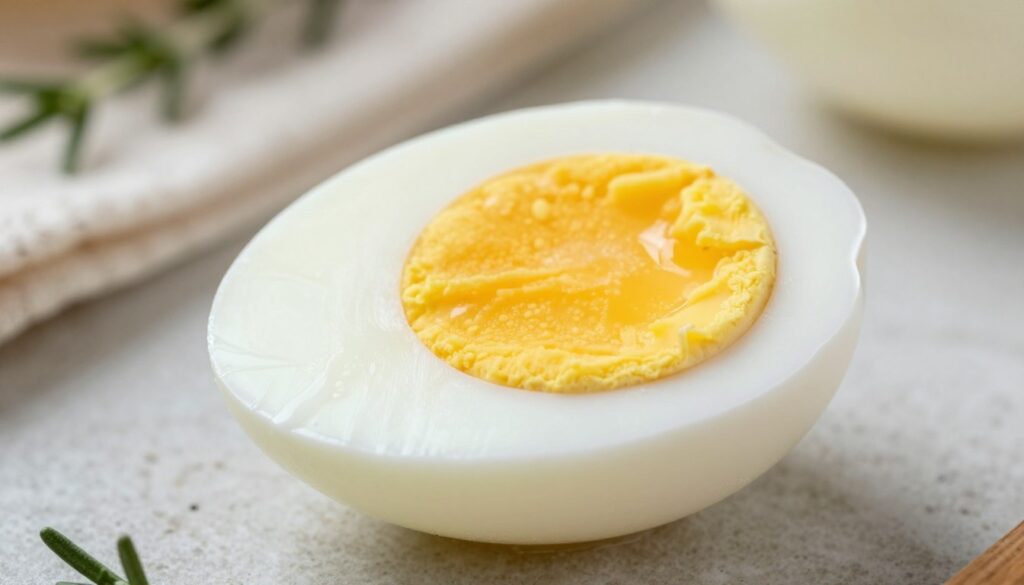 A close-up of a perfectly boiled egg, showcasing its smooth, glossy white shell, with a subtle sheen reflecting soft, diffused natural light. The egg is sliced in half to reveal a vibrant yellow yolk at the center, with no grayish ring around it, demonstrating the ideal cooking method. In the background, a rustic kitchen countertop is visible, adorned with a delicate cloth and a few scattered herbs, hinting at a cooking environment. The mood is warm and inviting, emphasizing simplicity and homeliness, with shallow depth of field to keep the focus sharply on the egg. Capture it at a slight angle for added dimension, and ensure the lighting highlights the egg's texture without harsh shadows or reflections. A close-up of a perfectly boiled egg, showcasing its smooth, glossy white shell, with a subtle sheen reflecting soft, diffused natural light. The egg is sliced in half to reveal a vibrant yellow yolk at the center, with no grayish ring around it, demonstrating the ideal cooking method. In the background, a rustic kitchen countertop is visible, adorned with a delicate cloth and a few scattered herbs, hinting at a cooking environment. The mood is warm and inviting, emphasizing simplicity and homeliness, with shallow depth of field to keep the focus sharply on the egg. Capture it at a slight angle for added dimension, and ensure the lighting highlights the egg's texture without harsh shadows or reflections.