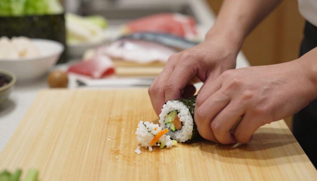A close-up of a sushi-making process, highlighting common mistakes in rolling sushi. In the foreground, a wooden sushi mat with a poorly formed sushi roll, partially falling apart, revealing rice and fillings spilling out. The middle features hands clumsily attempting to wrap another roll, showing a lack of technique and uneven pressure. In the background, a vibrant kitchen setting with ingredients like nori, rice, and fresh fish neatly displayed, but a few ingredients are scattered chaotically, adding to the sense of disorder. The lighting is soft and warm, evoking a homey atmosphere, captured at eye level with a shallow depth of field to bring focus to the chaotic sushi roll. The mood conveys a sense of learning and improvement in the art of sushi-making.