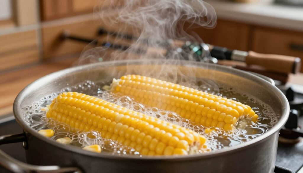 A close-up of a vibrant pot of boiling corn on the stove, with bright yellow kernels being prepared as fishing bait. The foreground features glistening water and steam rising from the pot, creating an inviting atmosphere. In the background, an array of fishing gear is neatly arranged, suggesting the upcoming fishing adventure. The kitchen setting is warm and rustic, with wooden cabinets and soft lighting that adds a cozy feel. The angle should capture the bubbling pot at eye level, highlighting the texture of the corn and water. The overall mood is engaging and productive, evoking a sense of anticipation for a successful fishing trip. A close-up of a vibrant pot of boiling corn on the stove, with bright yellow kernels being prepared as fishing bait. The foreground features glistening water and steam rising from the pot, creating an inviting atmosphere. In the background, an array of fishing gear is neatly arranged, suggesting the upcoming fishing adventure. The kitchen setting is warm and rustic, with wooden cabinets and soft lighting that adds a cozy feel. The angle should capture the bubbling pot at eye level, highlighting the texture of the corn and water. The overall mood is engaging and productive, evoking a sense of anticipation for a successful fishing trip.