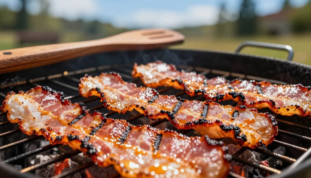 A close-up of grilled bacon strips on a charcoal grill, glistening with a rich marinade that enhances their vibrant color. The foreground showcases the crispy texture of the bacon, with grill marks clearly visible. In the middle, the grill is surrounded by rustic wooden utensils and spices, emphasizing the grilling techniques. The background features an outdoor setting with a sunny, blue sky and greenery, creating a warm and inviting atmosphere. The lighting is bright and natural, highlighting the succulent details of the bacon, while soft shadows add depth. Capture the essence of outdoor grilling, focusing on the perfection of crispy bacon skin, evoking a mouth-watering and savory mood. A close-up of grilled bacon strips on a charcoal grill, glistening with a rich marinade that enhances their vibrant color. The foreground showcases the crispy texture of the bacon, with grill marks clearly visible. In the middle, the grill is surrounded by rustic wooden utensils and spices, emphasizing the grilling techniques. The background features an outdoor setting with a sunny, blue sky and greenery, creating a warm and inviting atmosphere. The lighting is bright and natural, highlighting the succulent details of the bacon, while soft shadows add depth. Capture the essence of outdoor grilling, focusing on the perfection of crispy bacon skin, evoking a mouth-watering and savory mood.