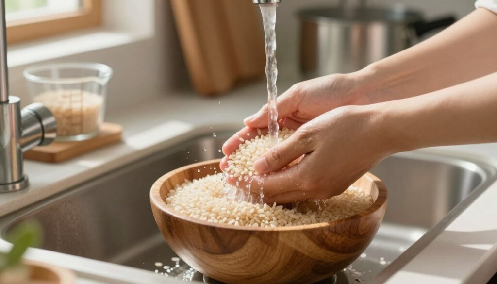 A close-up shot of a kitchen countertop with a wooden bowl filled with uncooked rice grains, highlighting their texture and natural color. In the foreground, a pair of clean hands gently rinsing the rice under running water from a faucet, creating small splashes. The background features a blurred array of kitchen utensils, including a measuring cup, a cutting board, and a pot, all in natural light, suggesting a warm, inviting atmosphere. Soft, diffused sunlight streams through a nearby window, casting gentle shadows and enhancing the freshness of the scene. The focus is sharp on the rice and hands, while the background is softly blurred, emphasizing the preparation process. The overall mood conveys a sense of calm and focus on cooking.