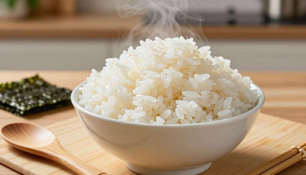 A close-up shot of a steaming bowl of freshly prepared sushi rice, glistening with a light sheen. The rice grains are perfectly cooked, plump, and glutinous, presenting their textural details. In the foreground, a wooden sushi rolling mat and accompanying ingredients such as nori (seaweed) sheets and a bamboo rice paddle are neatly arranged. The background features a subtle kitchen scene with soft, warm lighting, highlighting the ingredients and tools needed to prepare sushi rice. A wooden kitchen counter adds an organic feel, while a faint hint of green from a potted plant creates a fresh atmosphere. The image should evoke a sense of culinary skill and the delicate art of sushi preparation. A close-up shot of a steaming bowl of freshly prepared sushi rice, glistening with a light sheen. The rice grains are perfectly cooked, plump, and glutinous, presenting their textural details. In the foreground, a wooden sushi rolling mat and accompanying ingredients such as nori (seaweed) sheets and a bamboo rice paddle are neatly arranged. The background features a subtle kitchen scene with soft, warm lighting, highlighting the ingredients and tools needed to prepare sushi rice. A wooden kitchen counter adds an organic feel, while a faint hint of green from a potted plant creates a fresh atmosphere. The image should evoke a sense of culinary skill and the delicate art of sushi preparation.
