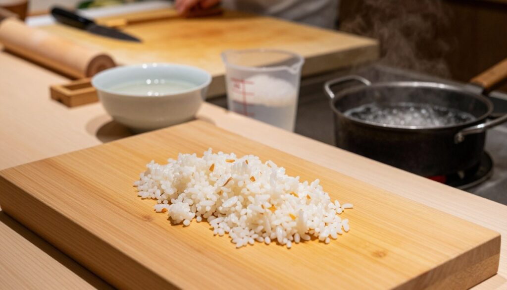 A close-up shot of a sushi preparation area, featuring a beautifully arranged wooden sushi-making station. In the foreground, a polished wooden cutting board displays uncooked sushi rice that is scattered haphazardly, highlighting common mistakes like excess moisture and uneven texture. In the middle ground, a bowl of water sits near a measuring cup, showcasing incorrect water-to-rice ratios, and a small pot with bubbling water to imply mismanagement of cooking temperature. The background features an out-of-focus kitchen setting with various sushi-making tools, like a rolling mat and bamboo sushi mold. Soft, warm lighting enhances the inviting atmosphere, while shadows cast by the kitchen tools hint at the challenges of perfecting sushi rice. The image captures a sense of learning and culinary exploration.