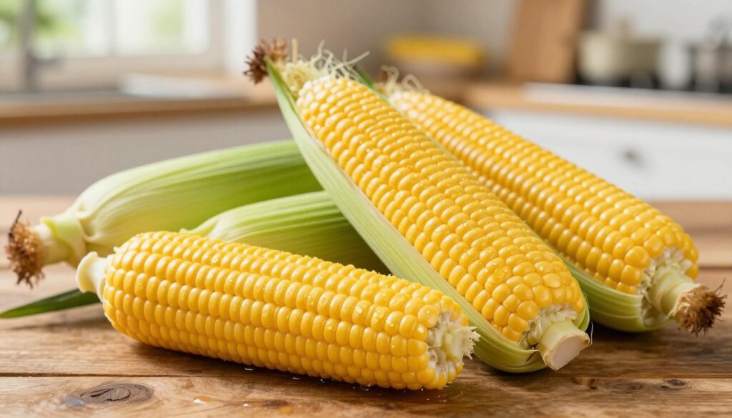 A close-up shot of fresh, vibrant corn cobs (kolby kukurydzy) arranged artistically on a rustic wooden table. The foreground features plump, golden-yellow kernels with glistening droplets of water, emphasizing their freshness. In the middle, a few cobs still in their husks, showcasing rich green leaves, are arranged beside cut cobs revealing the juicy interiors. The background is softly blurred, hinting at a sunlit kitchen space filled with warm, natural light streaming from a window, creating an inviting and homely atmosphere. The overall mood is fresh and appetizing, inspiring a sense of enjoyment and culinary delight, perfect for illustrating the best choices in corn selection for cooking.