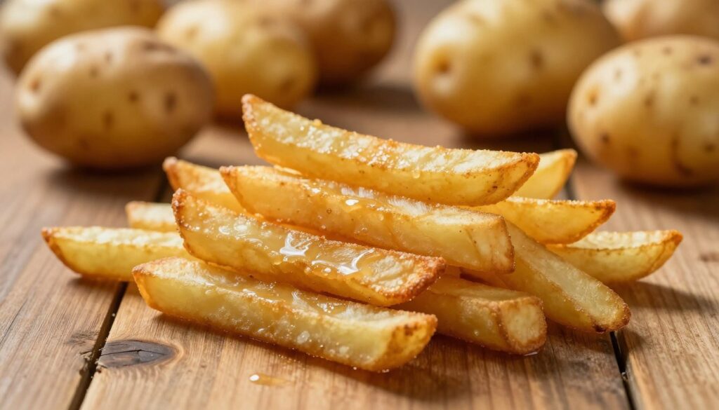 A close-up shot of golden, crispy French fries made from perfectly chosen potatoes, arranged aesthetically on a rustic wooden kitchen table. The fries are slightly glistening with oil, showcasing their crunchy texture. In the background, a selection of whole, fresh potatoes is displayed, highlighting different varieties known for frying, creating a farm-to-table feel. The lighting is warm and inviting, simulating the soft glow of late afternoon light, casting gentle shadows to enhance the three-dimensional quality of the fries. The mood is cozy and welcoming, emphasizing the home-cooked aspect of preparing delicious, crispy fries.