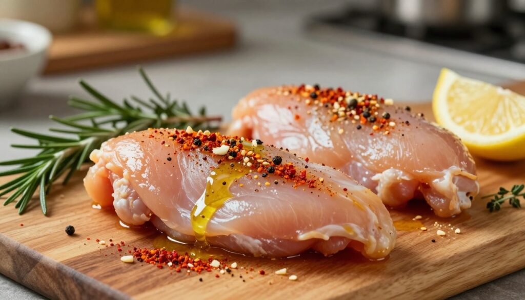 A close-up shot of marinated chicken breasts being prepared for grilling, set on a wooden cutting board. The chicken is seasoned with vibrant spices like paprika, garlic powder, and black pepper, glistening with olive oil, evoking a sense of flavor and freshness. Surrounding the chicken are fresh herbs such as rosemary and thyme, alongside a lemon wedge, adding color and zest. The background features a softly blurred kitchen setting with warm lighting, emphasizing a cozy cooking atmosphere. The image captures the rich textures of the chicken and the vivid colors of the spices, creating an inviting mood. Focus on natural light illuminating the scene from the left, enhancing the details of the ingredients. A close-up shot of marinated chicken breasts being prepared for grilling, set on a wooden cutting board. The chicken is seasoned with vibrant spices like paprika, garlic powder, and black pepper, glistening with olive oil, evoking a sense of flavor and freshness. Surrounding the chicken are fresh herbs such as rosemary and thyme, alongside a lemon wedge, adding color and zest. The background features a softly blurred kitchen setting with warm lighting, emphasizing a cozy cooking atmosphere. The image captures the rich textures of the chicken and the vivid colors of the spices, creating an inviting mood. Focus on natural light illuminating the scene from the left, enhancing the details of the ingredients.