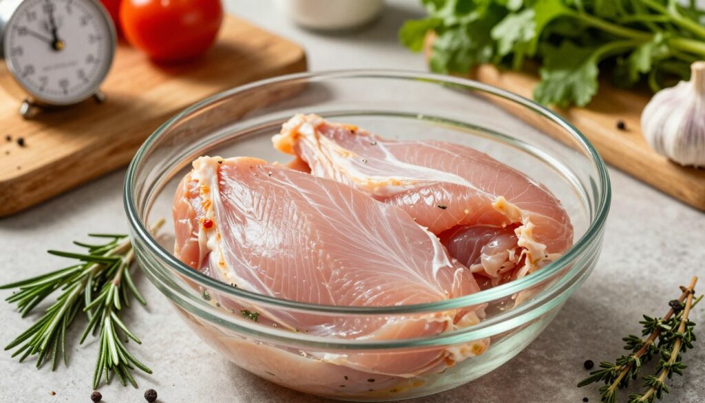 A close-up shot of marinated turkey breast fillets being placed into a glass bowl, surrounded by flavorful herbs and spices, including rosemary, thyme, and garlic. The lighting is bright and natural, casting gentle shadows to highlight the textures of the meat and the freshness of the ingredients. In the background, a rustic kitchen setting with wooden cutting boards and fresh vegetables adds warmth to the scene. A timer is subtly included to suggest the optimal marinating time, evoking a sense of culinary precision. The mood is inviting and appetizing, emphasizing the art of marinating for maximum flavor. The overall composition is balanced and visually appealing, perfect for an article on cooking techniques.