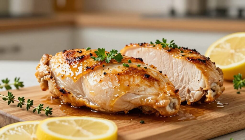 A close-up shot of perfectly cooked chicken breasts, glistening with a light golden-brown crust, showcasing tantalizing juices that hint at their tenderness. The chicken is sliced at an angle, revealing its succulent interior, garnished with fresh herbs like parsley and thyme for a pop of color. In the foreground, a wooden cutting board is decorated with sprigs and slices of lemon, enhancing the visual appeal. In the background, a softly blurred kitchen setting with warm lighting creates a cozy, inviting atmosphere. The image should evoke a sense of warmth and homeliness, encouraging the viewer to appreciate the culinary art of frying chicken for optimal juiciness. The angle should emphasize the texture and color of the chicken, making it the focal point of the composition.