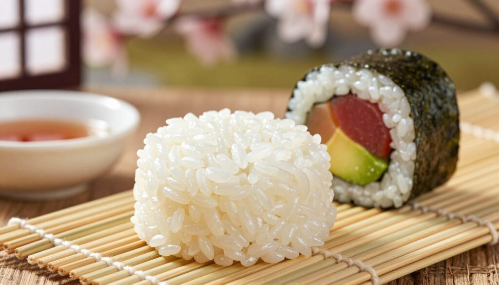 A close-up shot of perfectly cooked sushi rice, showcasing its glossy, sticky texture and distinct grains, sitting elegantly on a bamboo sushi mat. The foreground features a small bowl of seasoned rice vinegar beside the rice, illustrating the key ingredients that enhance its flavor and texture. In the middle ground, a beautifully rolled sushi maki, with vibrant fillings of fresh tuna and avocado, is partially unrolled to reveal the glistening rice, emphasizing the importance of its quality in maintaining form. The background is softly blurred, featuring a subtle Japanese garden with cherry blossoms, evoking a serene atmosphere. The lighting is warm and natural, highlighting the rice's sheen and creating an inviting ambiance, ideal for a food-focused article. A close-up shot of perfectly cooked sushi rice, showcasing its glossy, sticky texture and distinct grains, sitting elegantly on a bamboo sushi mat. The foreground features a small bowl of seasoned rice vinegar beside the rice, illustrating the key ingredients that enhance its flavor and texture. In the middle ground, a beautifully rolled sushi maki, with vibrant fillings of fresh tuna and avocado, is partially unrolled to reveal the glistening rice, emphasizing the importance of its quality in maintaining form. The background is softly blurred, featuring a subtle Japanese garden with cherry blossoms, evoking a serene atmosphere. The lighting is warm and natural, highlighting the rice's sheen and creating an inviting ambiance, ideal for a food-focused article.