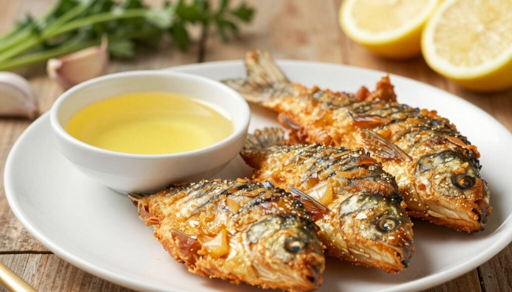 A close-up view of a beautifully arranged plate featuring golden-brown, perfectly fried carp, its skin crispy and glistening. Beside it, a small bowl of luscious clarified butter, reflecting warm golden hues, emphasizes its richness and flavor. In the background, a rustic wooden table is adorned with fresh herbs, garlic cloves, and slices of lemon, adding a vibrant pop of color and a hint of freshness. Soft, natural lighting bathes the scene, creating a warm, inviting atmosphere, while the focus remains sharp on the meal, showcasing its appealing textures. The composition should convey a sense of culinary delight and the essence of choosing the right fat for frying, with a shallow depth of field that softly blurs the background.
