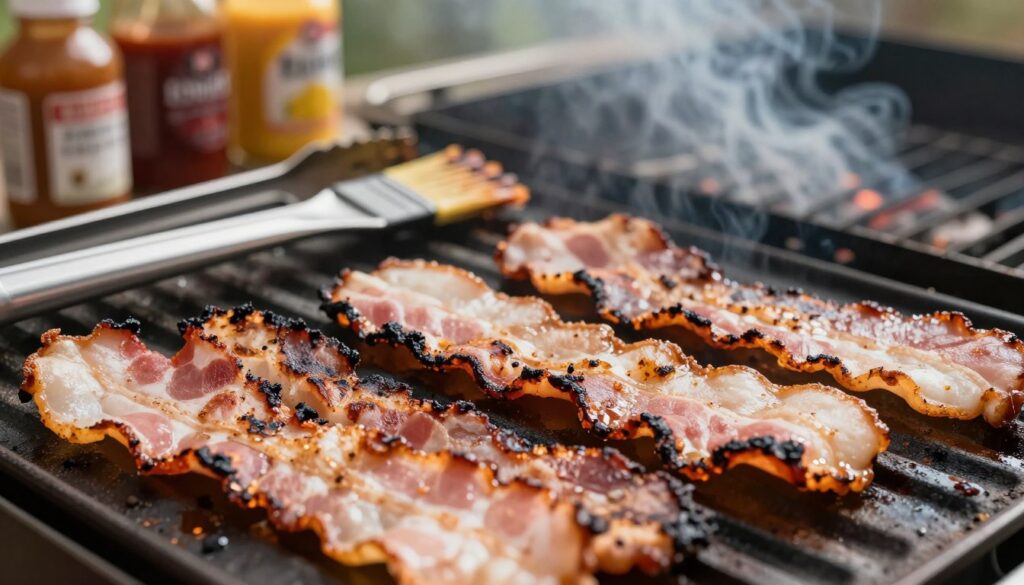A close-up view of a beautifully grilled platter of bacon, highlighting the unique mistakes that can occur during grilling. In the foreground, burnt and unevenly cooked bacon strips are interspersed with perfectly grilled ones, demonstrating variations in texture and color—some crispy and dark while others are undercooked and pale. The middle ground features an assortment of grilling tools like tongs and a basting brush, set alongside muddled condiments like mustard and barbecue sauce spilling slightly. In the background, a softly blurred charcoal grill emits wisps of smoke, under warm, natural lighting that creates a cozy, inviting atmosphere. The image is shot with a shallow depth of field, enhancing the focus on the bacon and grilling tools while maintaining a relaxed, culinary vibe. A close-up view of a beautifully grilled platter of bacon, highlighting the unique mistakes that can occur during grilling. In the foreground, burnt and unevenly cooked bacon strips are interspersed with perfectly grilled ones, demonstrating variations in texture and color—some crispy and dark while others are undercooked and pale. The middle ground features an assortment of grilling tools like tongs and a basting brush, set alongside muddled condiments like mustard and barbecue sauce spilling slightly. In the background, a softly blurred charcoal grill emits wisps of smoke, under warm, natural lighting that creates a cozy, inviting atmosphere. The image is shot with a shallow depth of field, enhancing the focus on the bacon and grilling tools while maintaining a relaxed, culinary vibe.