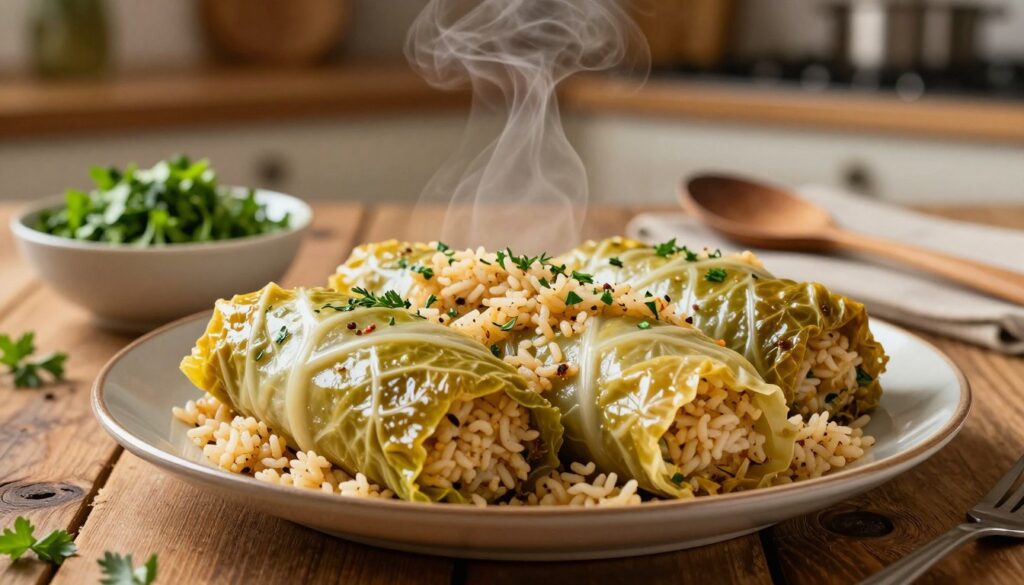 A close-up view of a beautifully plated dish of "ryż gołąbków" (cabbage rolls filled with rice) served on a rustic wooden table. The foreground features a carefully arranged plate with tender cabbage leaves enveloping a generous filling of fluffy, golden rice, herbs, and spices. A light steam rises from the dish, indicating it has just been cooked. In the middle ground, arrange a small bowl of freshly chopped herbs and a wooden spoon, symbolizing the importance of proportions in cooking. The background softly blurs to a cozy kitchen setting, with warm, inviting lighting that emphasizes the comfort of home cooking. The atmosphere is warm and inviting, reflecting the joy of preparing a traditional meal.