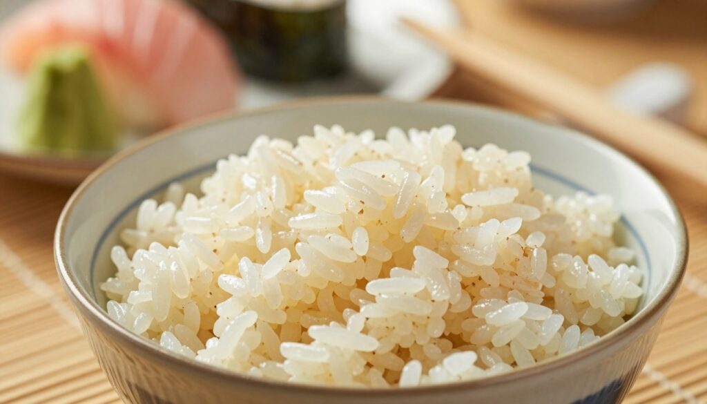 A close-up view of a bowl of sushi rice, perfectly cooked with a glossy, sticky texture, showcasing individual grains glistening under soft, natural light. The foreground features the rice in a traditional Japanese bowl, with a bamboo mat underneath adding texture. In the middle, delicate chopsticks are resting beside the bowl, hinting at sushi preparation. The background is softly blurred with hints of sushi ingredients like fresh fish, seaweed, and vegetables, creating an inviting atmosphere. The lighting is warm and soft, evoking a calm, serene mood, reminiscent of a traditional Japanese kitchen. The composition is shot at a slight angle to emphasize the rice's texture and the artistry of sushi-making. A close-up view of a bowl of sushi rice, perfectly cooked with a glossy, sticky texture, showcasing individual grains glistening under soft, natural light. The foreground features the rice in a traditional Japanese bowl, with a bamboo mat underneath adding texture. In the middle, delicate chopsticks are resting beside the bowl, hinting at sushi preparation. The background is softly blurred with hints of sushi ingredients like fresh fish, seaweed, and vegetables, creating an inviting atmosphere. The lighting is warm and soft, evoking a calm, serene mood, reminiscent of a traditional Japanese kitchen. The composition is shot at a slight angle to emphasize the rice's texture and the artistry of sushi-making.