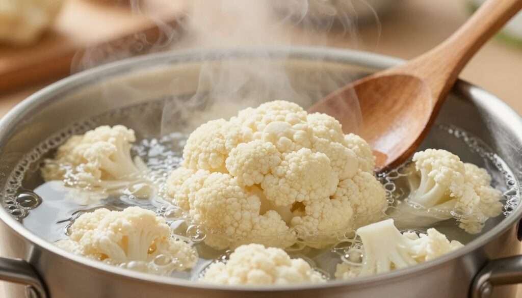 A close-up view of a bright, fresh cauliflower submerged in a pot of boiling water, showcasing the vibrant white florets. The foreground features the water bubbling gently around the cauliflower, with steam rising from the surface, indicating that it’s cooking. In the middle ground, a wooden spoon rests casually beside the pot, hinting at the action of stirring. The background consists of a softly blurred kitchen setting with warm, inviting lighting that creates a homey atmosphere. The image captures a serene moment in the cooking process, with an emphasis on the tenderness and delicacy of the cauliflower, illustrating the effective technique of boiling without making it waterlogged. The overall mood is calm and encouraging, inviting viewers to learn how to cook cauliflower perfectly. A close-up view of a bright, fresh cauliflower submerged in a pot of boiling water, showcasing the vibrant white florets. The foreground features the water bubbling gently around the cauliflower, with steam rising from the surface, indicating that it’s cooking. In the middle ground, a wooden spoon rests casually beside the pot, hinting at the action of stirring. The background consists of a softly blurred kitchen setting with warm, inviting lighting that creates a homey atmosphere. The image captures a serene moment in the cooking process, with an emphasis on the tenderness and delicacy of the cauliflower, illustrating the effective technique of boiling without making it waterlogged. The overall mood is calm and encouraging, inviting viewers to learn how to cook cauliflower perfectly.