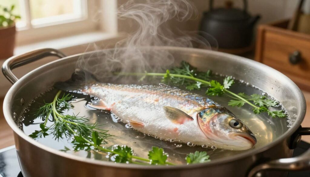 A close-up view of a fresh fish gently simmering in a pot of clear water, surrounded by aromatic herbs like dill and parsley. The water bubbles softly, creating a serene atmosphere, with steam rising and a hint of bright sunlight filtering through a nearby window, illuminating the scene with a warm glow. In the background, a rustic kitchen setting features wooden cabinets and pots hanging, evoking a cozy, home-cooked feel. The composition emphasizes the elegance of the cooking process, showcasing the fish's delicate skin glistening as it absorbs flavor, capturing the essence of a careful, step-by-step cooking method. Focus on vibrant colors: the fish is a rich silver with iridescent scales, and the herbs add fresh green accents. The image should convey warmth, comfort, and the art of cooking fish to perfection.