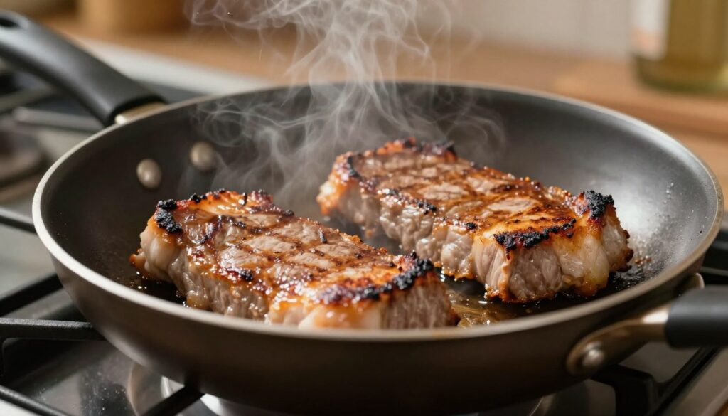 A close-up view of a frying pan on a stovetop, showcasing sizzling pork neck steaks (karkówka) with a golden-brown crust, exuding mouth-watering juiciness. In the foreground, capture steam rising from the pan, enhancing the sense of heat and flavor. In the middle ground, emphasize the steaks with a perfect sear, highlighting minor cooking flaws such as uneven browning and charred edges, symbolizing mistakes to avoid. The background features a blurred kitchen setting with warm, indirect lighting, creating a cozy and inviting atmosphere. Use a soft focus to direct attention to the frying pan while maintaining a professional and culinary aesthetic, evoking an atmosphere of careful cooking and the art of preparing meat perfectly.