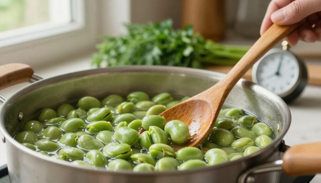 A close-up view of a pot of simmering broad beans, showcasing their vibrant green color and plump textures, with some beans bursting slightly open. In the foreground, a wooden spoon stirs gently in the pot, while a timer sits to the side, emphasizing the importance of timing in cooking. In the middle ground, blurred yet recognizable are fresh herbs like dill and parsley, hinting at seasoning options that enhance the dish. The background features a rustic kitchen setting with soft natural light streaming through a window, casting a warm glow on the countertop. The atmosphere is inviting and homely, highlighting the joy of cooking. The image should evoke a sense of warmth, freshness, and culinary expertise.