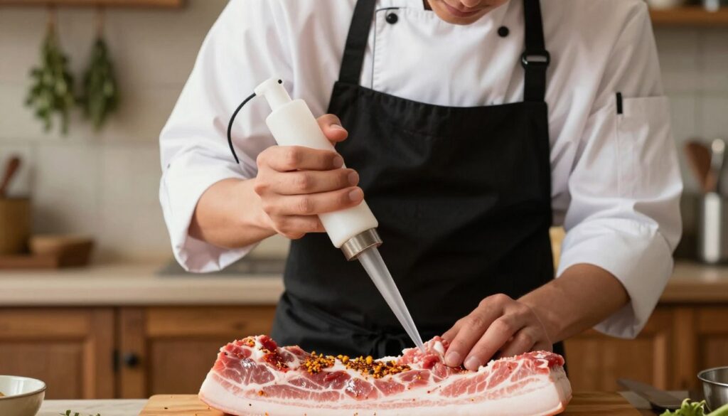 A close-up view of a professional chef using a meat injector to marinate raw pork belly. The chef is wearing a clean white chef’s coat and a black apron, focused and precise in their technique. The background features a rustic kitchen with wooden cabinets and hanging herbs for an authentic culinary atmosphere. Soft, natural lighting illuminates the scene, creating depth and highlighting the shiny texture of the meat and the marinating solution being injected. The camera angle is slightly overhead, capturing the rich details of the pork belly, including its marbled fat and vibrant seasonings, evoking a warm, inviting feeling of home-cooked tradition and expertise in meat preparation. A close-up view of a professional chef using a meat injector to marinate raw pork belly. The chef is wearing a clean white chef’s coat and a black apron, focused and precise in their technique. The background features a rustic kitchen with wooden cabinets and hanging herbs for an authentic culinary atmosphere. Soft, natural lighting illuminates the scene, creating depth and highlighting the shiny texture of the meat and the marinating solution being injected. The camera angle is slightly overhead, capturing the rich details of the pork belly, including its marbled fat and vibrant seasonings, evoking a warm, inviting feeling of home-cooked tradition and expertise in meat preparation.
