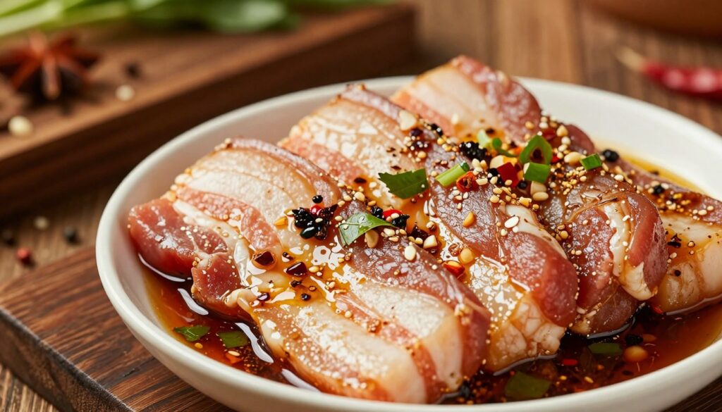 A close-up view of a richly arranged bowl of marinated raw pork belly, showcasing a thick, glossy marinade glistening under soft, warm lighting. The marinade features a blend of spices, garlic, and herbs, creating a colorful tapestry of deep reds, earthy browns, and fresh greens. In the background, a rustic wooden cutting board lies scattered with additional spices and fresh herbs, enhancing the aroma theme. The scene is captured from a slightly elevated angle, allowing a good view of both the marinade's texture and the vivid ingredients. The overall mood is inviting and warm, evoking a sense of comfort and culinary anticipation, emphasizing the deep flavors of the dish. A close-up view of a richly arranged bowl of marinated raw pork belly, showcasing a thick, glossy marinade glistening under soft, warm lighting. The marinade features a blend of spices, garlic, and herbs, creating a colorful tapestry of deep reds, earthy browns, and fresh greens. In the background, a rustic wooden cutting board lies scattered with additional spices and fresh herbs, enhancing the aroma theme. The scene is captured from a slightly elevated angle, allowing a good view of both the marinade's texture and the vivid ingredients. The overall mood is inviting and warm, evoking a sense of comfort and culinary anticipation, emphasizing the deep flavors of the dish.