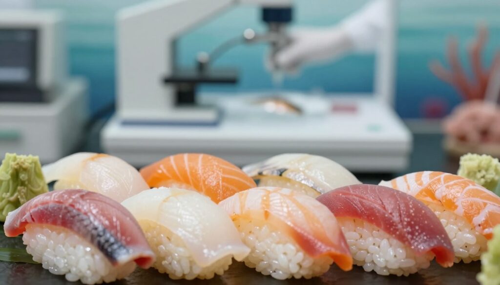 A close-up view of a sushi platter featuring various types of fish, meticulously arranged to showcase vibrant colors and textures. In the foreground, include a detailed focus on a few pieces of sushi, highlighting the rich shades of the fish and the delicate rice. In the middle, slightly blurred, add an illustration of a laboratory testing setup with equipment analyzing fish samples for heavy metal content, symbolizing the theme of safety and health. The background features a subtle ocean-themed decor, invoking a sense of freshness and marine life. Use soft, natural lighting to create a calm atmosphere, and opt for a shallow depth of field to draw the viewer's attention to the sushi while hinting at the scientific aspect behind its safety. The scene should evoke a feeling of careful examination and awareness. A close-up view of a sushi platter featuring various types of fish, meticulously arranged to showcase vibrant colors and textures. In the foreground, include a detailed focus on a few pieces of sushi, highlighting the rich shades of the fish and the delicate rice. In the middle, slightly blurred, add an illustration of a laboratory testing setup with equipment analyzing fish samples for heavy metal content, symbolizing the theme of safety and health. The background features a subtle ocean-themed decor, invoking a sense of freshness and marine life. Use soft, natural lighting to create a calm atmosphere, and opt for a shallow depth of field to draw the viewer's attention to the sushi while hinting at the scientific aspect behind its safety. The scene should evoke a feeling of careful examination and awareness.