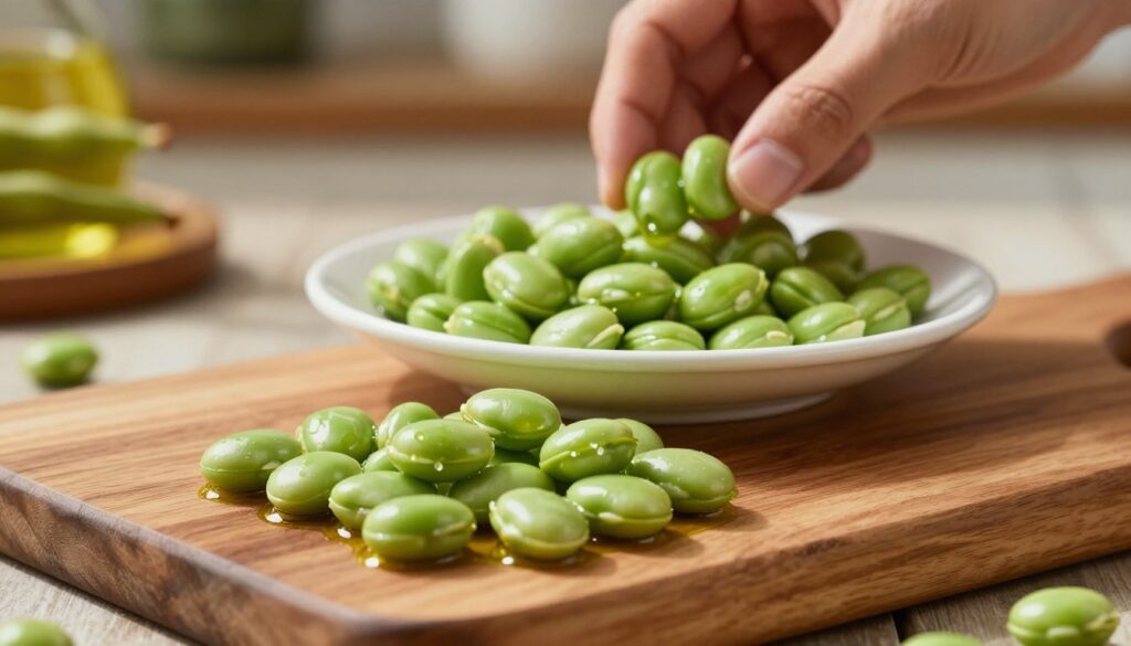 A close-up view of freshly cooked fava beans, showcasing their bright green color and tender texture. The foreground features a polished wooden cutting board with a small heap of perfectly boiled fava beans glistening with a light drizzle of olive oil. In the middle ground, a hand gently serves the fava beans onto a white ceramic plate, highlighting their softness and vibrant appearance. The background is softly blurred, revealing a rustic kitchen setting with warm, natural light streaming in, casting gentle shadows. The atmosphere conveys warmth and home-cooked comfort, inviting viewers to appreciate the ideal cooking technique for preserving the beans' freshness and color.