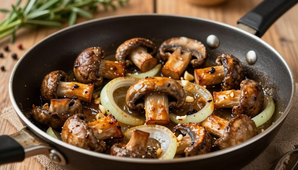 A close-up view of freshly sautéed oyster mushrooms (boczniaki) in a traditional Polish frying pan, glistening with a light golden-brown hue. The mushrooms are beautifully caramelized, showcasing their rich texture and savory aroma, surrounded by vibrant slices of onions and crushed garlic. In the background, a rustic wooden kitchen table is visible, adorned with fresh ingredients like herbs and spices to complement the dish. Warm, soft lighting casts a homey glow, enhancing the inviting atmosphere of home cooking. Capture this scene from a slightly elevated angle to highlight the details of the mushrooms and the frying pan, evoking a sense of warmth and comfort associated with traditional Polish cuisine. No text or overlays.