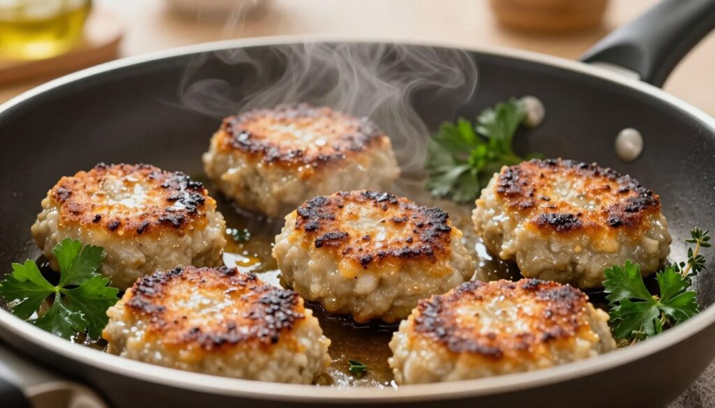 A close-up view of golden-brown kotlety mielone sizzling in a frying pan, perfectly cooked to a juicy interior, showcasing a crispy crust. The scene is enhanced with subtle steam rising, indicating their tenderness. In the foreground, the kotlety mielone are artfully arranged, glistening with a light sheen of oil, while fresh herbs like parsley and thyme offer a pop of vibrant green. The background features a cozy kitchen setting with warm lighting, creating a homey atmosphere. The composition captures the essence of a hearty meal preparation, with a shallow depth of field emphasizing the kotlety mielone. The image reflects a wholesome, inviting mood, perfect for illustrating cooking techniques.