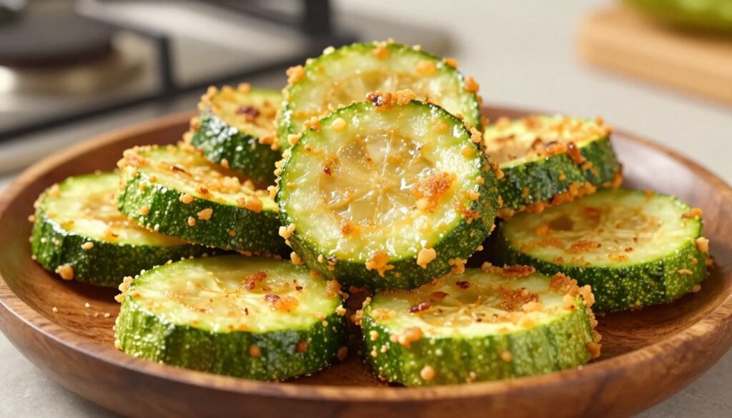 A close-up view of golden, crispy fried zucchini slices, perfectly coated in a light, crunchy batter, arranged beautifully on a rustic wooden plate. The zucchini should have a slight sheen from being freshly cooked, showcasing its texture and color. In the background, a softly blurred kitchen setting with warm, inviting lighting, perhaps hinting at a stovetop and spatula to give a sense of action. The angle should be slightly overhead, emphasizing the detail of the crispy coating while keeping the atmosphere homey and appetizing. The overall mood should evoke a sense of warmth and comfort, ideal for a culinary exploration of frying techniques. No text or overlays present, ensuring a clean, focused image.