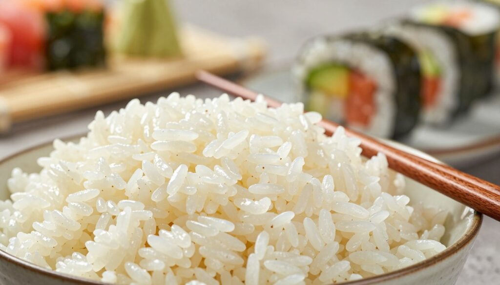 A close-up view of perfectly cooked sushi rice, showcasing its short, glutinous grains that are sticky and glossy, arranged neatly in a bowl. In the foreground, place a pair of traditional wooden chopsticks resting on the edge of the bowl, emphasizing the texture of the rice. The middle ground features a finely crafted sushi roll, beautifully presented, with colorful fillings like avocado and salmon peeking out. In the background, a soft-focus kitchen setting suggests a sushi-making ambiance, with a bamboo mat and ingredients like seaweed and vegetables blurred to maintain focus on the rice. Soft, natural lighting enhances the sheen of the rice, creating an inviting and appetizing atmosphere, while using a shallow depth of field to draw attention to the main subject. A close-up view of perfectly cooked sushi rice, showcasing its short, glutinous grains that are sticky and glossy, arranged neatly in a bowl. In the foreground, place a pair of traditional wooden chopsticks resting on the edge of the bowl, emphasizing the texture of the rice. The middle ground features a finely crafted sushi roll, beautifully presented, with colorful fillings like avocado and salmon peeking out. In the background, a soft-focus kitchen setting suggests a sushi-making ambiance, with a bamboo mat and ingredients like seaweed and vegetables blurred to maintain focus on the rice. Soft, natural lighting enhances the sheen of the rice, creating an inviting and appetizing atmosphere, while using a shallow depth of field to draw attention to the main subject.