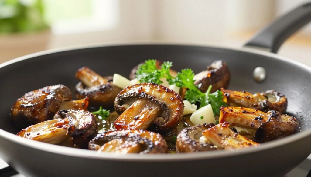 A close-up view of sautéed oyster mushrooms presented on a gleaming, modern frying pan, capturing their golden-brown, crispy texture. The foreground showcases the mushrooms, glistening with a light sheen of oil, perfectly caramelized with visible, enticing ridges. In the middle ground, a finely chopped garlic clove and fresh herbs like parsley add vibrant green accents, enhancing the dish's appeal. The background features a softly blurred kitchen setting, with warm, natural light streaming through a window, creating a cozy atmosphere. The overall composition conveys a sense of culinary expertise and the pursuit of the perfect crunch. The angle is slightly tilted, emphasizing the richness and deliciousness of the mushrooms, inviting the viewer to experience the delightful texture and color.