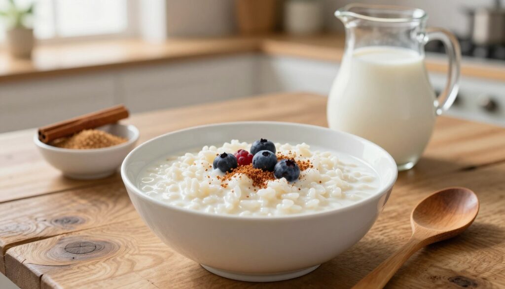 A creamy bowl of milk rice, beautifully presented and garnished with a sprinkle of cinnamon and a few fresh berries on top, sits invitingly on a rustic wooden table. In the foreground, the bowl is highlighted with soft, diffused lighting, accentuating the smooth texture of the rice and the glistening milk. A small wooden spoon rests next to the bowl, ready to be used. In the middle ground, a pitcher of milk and a small bowl of additional ingredients, like sugar and a cinnamon stick, are thoughtfully arranged, creating a kitchen atmosphere. The background features a blurred kitchen setting with warm, natural light streaming in through a window, adding to the cozy, inviting mood of a home-cooked meal scene.
