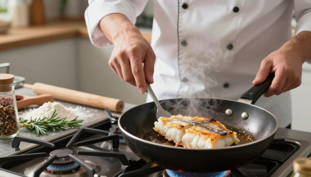 A detailed kitchen scene featuring a chef in modest casual clothing, focused on frying fish in a skillet. In the foreground, showcase a close-up of the skillet with a perfectly cooked piece of cod, sizzling with golden edges. In the middle, emphasize the chef's hand adjusting the heat on the stove, symbolizing common mistakes like incorrect temperature. Surrounding the chef, various cooking utensils and ingredients like flour, seasonings, and fresh herbs are scattered, reflecting preparation chaos. The background includes a softly lit kitchen with subtle hints of steam rising, creating a warm atmosphere. Use natural lighting to highlight textures and colors in the scene, captured from a slightly elevated angle to provide an engaging view of the culinary action. A detailed kitchen scene featuring a chef in modest casual clothing, focused on frying fish in a skillet. In the foreground, showcase a close-up of the skillet with a perfectly cooked piece of cod, sizzling with golden edges. In the middle, emphasize the chef's hand adjusting the heat on the stove, symbolizing common mistakes like incorrect temperature. Surrounding the chef, various cooking utensils and ingredients like flour, seasonings, and fresh herbs are scattered, reflecting preparation chaos. The background includes a softly lit kitchen with subtle hints of steam rising, creating a warm atmosphere. Use natural lighting to highlight textures and colors in the scene, captured from a slightly elevated angle to provide an engaging view of the culinary action.
