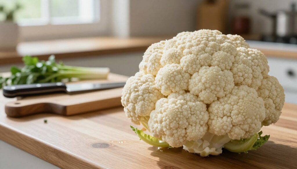 A freshly picked white cauliflower, its dense, compact florets glistening with a light drizzle of water, sits prominently in the foreground on a wooden kitchen countertop. The soft, natural light filters in from a nearby window, casting delicate shadows and enhancing the vegetable's pristine white color. In the middle ground, a few cooking utensils like a knife and a cutting board are artfully arranged, suggesting preparation for cooking. The background features a blurred view of a cozy kitchen, with herbs and spices adding a touch of color. The atmosphere is inviting and calm, conveying the essence of home cooking. The image captures the freshness and beauty of the cauliflower, highlighting its role in creating a delicious, delicate dish. A freshly picked white cauliflower, its dense, compact florets glistening with a light drizzle of water, sits prominently in the foreground on a wooden kitchen countertop. The soft, natural light filters in from a nearby window, casting delicate shadows and enhancing the vegetable's pristine white color. In the middle ground, a few cooking utensils like a knife and a cutting board are artfully arranged, suggesting preparation for cooking. The background features a blurred view of a cozy kitchen, with herbs and spices adding a touch of color. The atmosphere is inviting and calm, conveying the essence of home cooking. The image captures the freshness and beauty of the cauliflower, highlighting its role in creating a delicious, delicate dish.