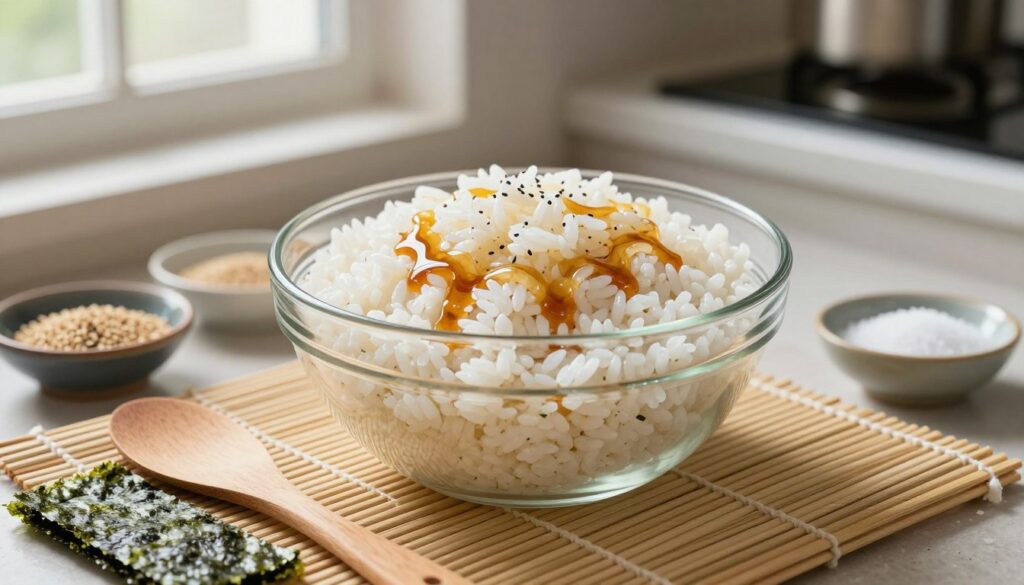 A glass bowl filled with fragrant sushi rice, glistening with a light sheen after being dressed with a glossy, clear vinegar dressing. The dressing consists of rice vinegar, sugar, and salt, showing subtle hints of herbs and spices. Surrounding the bowl, neatly arranged tools for sushi preparation such as a bamboo mat, a wooden spatula, and small bowls filled with additional ingredients like sesame seeds and nori sheets. Soft, diffused natural light from a nearby window sets a warm and inviting atmosphere, highlighting the textures of the rice and the vibrant ingredients. In the background, a blurred kitchen counter with additional sushi-making essentials creates a sense of culinary artistry and preparation. The overall mood is serene and focused, reflecting the care involved in making the perfect sushi rice.