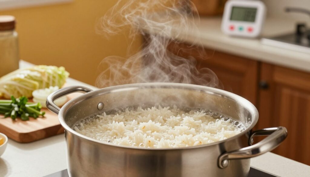 A kitchen scene focused on a pot of cooking rice. In the foreground, a stainless steel pot with steam rising from it, revealing plump grains of rice bubbling gently. A digital timer nearby displays a countdown, indicating the precise cooking time. The middle ground features a cutting board with ingredients like chopped onions and herbs, suggesting preparation for stuffed cabbage. The background showcases a warm, cozy kitchen with warm lighting, colored walls, and wooden cabinets. Soft shadows create a welcoming atmosphere. The angle captures the scene from slightly above eye level, emphasizing the pot and timer. The mood is serene and focused, reflecting the care of cooking. No people are present in the image.