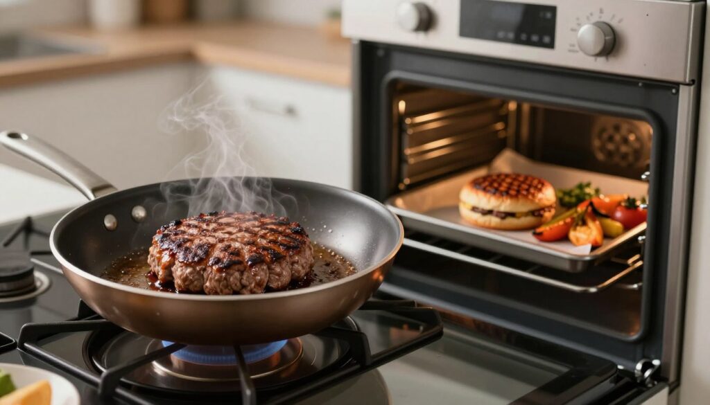 A kitchen scene showcasing a side-by-side comparison of a frying pan and an oven. In the foreground, a sleek frying pan sits on a stovetop with a sizzling beef burger patty, golden and juicy, emitting steam. Beside it, an oven door is ajar, revealing a tray with a perfectly baked burger, slightly charred on top, accompanied by roasted vegetables. The background has a minimalist kitchen design with soft, ambient lighting highlighting the textures of the food. Use a slight tilt shift effect to focus on the burgers while softly blurring the surrounding kitchen elements. The atmosphere is warm and inviting, emphasizing the culinary process of cooking.