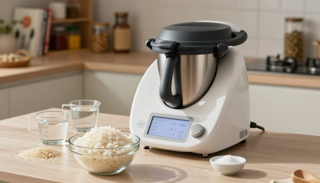 A modern kitchen setting featuring a sleek Thermomix prominently on a countertop, surrounded by essential ingredients for cooking rice such as uncooked rice grains, measuring cups of water, and a small bowl of salt. In the foreground, a clear glass bowl filled with perfectly cooked, fluffy rice sits next to the Thermomix, illustrating the successful outcome. The middle ground showcases the Thermomix with its digital display, indicating the cooking time and water ratios for optimal rice preparation. The background contains softly blurred kitchen shelves with spices and cooking books, enhancing a cozy culinary atmosphere. Warm, natural lighting floods the scene, casting gentle shadows and highlighting the textures of the rice and the kitchen environment, creating an inviting mood that emphasizes the art of cooking rice with precision.